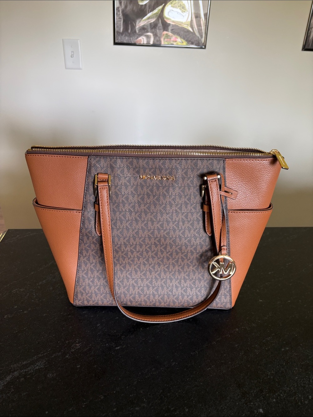 Michael Kors Brown & Tan Logo Tote with Gold Accent